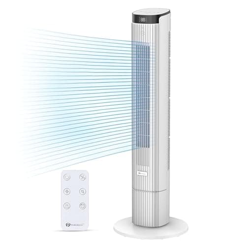 Image of PureMate 43-Inch Tower Fan with Remote Control, Oscillating Bladeless Cooling Fan, 4 Speeds & 4 Wind Modes, 12 Hour Timer, LED Display, Portable Quiet fan for Bedroom Office and Home - White