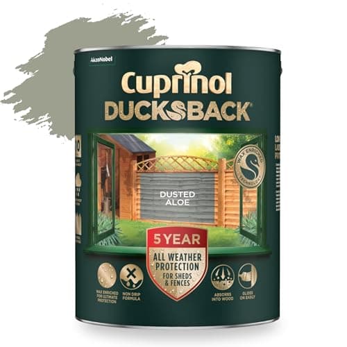 Image of AOC24 5L Ducksback Paint - Garden Wood Treatment for Sheds, Fences & Furniture - Quick Dry Exterior Paint - Weatherproof Protection - Non-Drip, Low VOC - 10m²/L Coverage (Dusted Aloe, 5L)