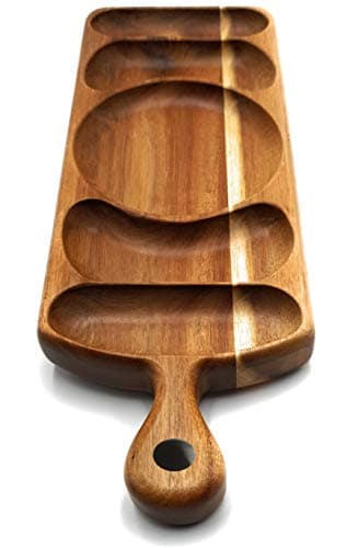Image of Acacia Wood Serving Platter 43 x 15cm with Grooves & Handle XL Luxury Snack Paddle Large XL Reversible Tray for Dinner Parties Ideal for Chips Dips Crudités Cheese Charcuterie Deluxe Present Gift UK