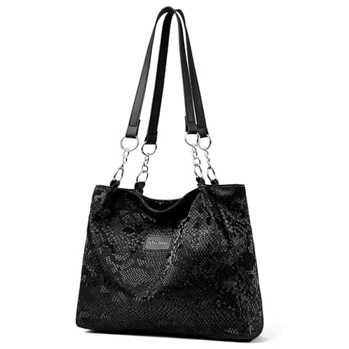 Image of GwaOery Tote Bags for Womens Ladies Shoulder Large Capacity Handbag with Chain PU Faux Leather for School Work Shopping Large Capacity bag with Zip and Inner Pocket, Black