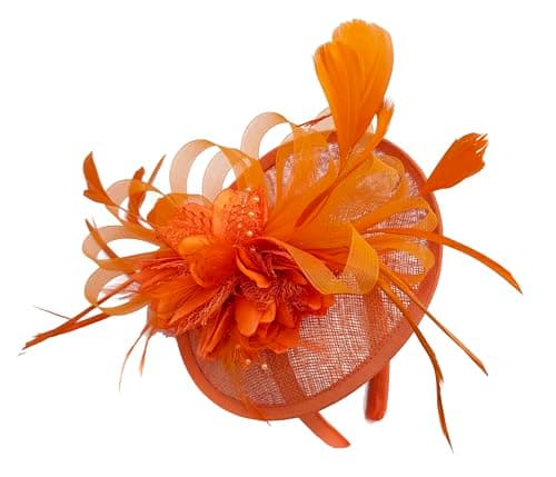 Image of Caprilite Orange Sinamay Disc Saucer Fascinator Hat for Women Weddings Headband