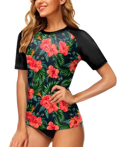 Image of Women Outdoor T-Shirt Sun Protection Shirt Short Sleeve Rash Vest Swim Shirt Quick Dry Rash Guard Orange Blossom M