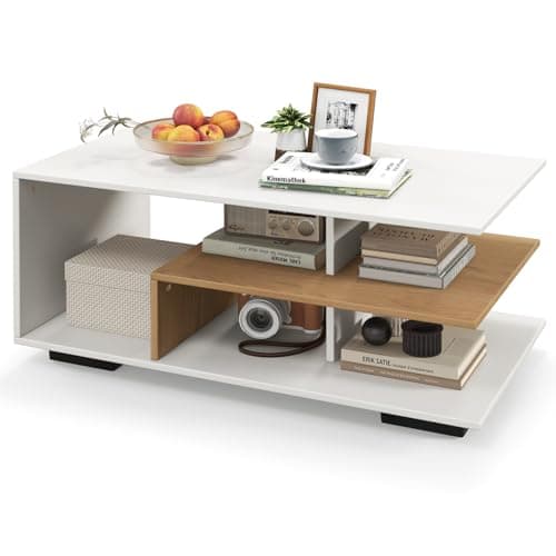 Image of COSTWAY 3-Tier Coffee Table, Wooden Geometric Cocktail Center Table with Storage Shelves and Reinforced Feet, Industrial/Modern Accent Sofa Side Tea Table for Living Room Bedroom (White+Natural)