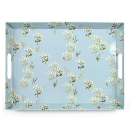 Image of YöL Blue Blossom Serving Tray Floral Daisy Design - Drinks Food Snacks Carrier With Handles - Plastic Melamine - Breakfast Lunch Dinner Summer Dining