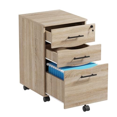 Image of Filing Cabinet 3 Drawer Under Desk Drawers - Oak Wood File Cabinets with Lockable Drawers - 3 Drawer Mobile Pedestal - Mobile Office Drawer Under Desk - Secure Storage Solution