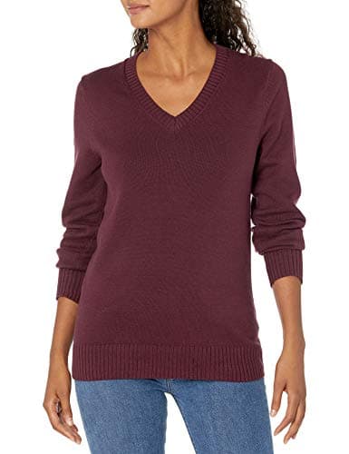 Image of Amazon Essentials Women's Lightweight Long Sleeve V-Neck Cotton Jumper, Burgundy, M