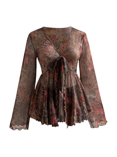 Image of GORGLITTER Women's Floral Paisley Print Tie Front T Shirts V Neck Bell Sleeve Vintage Peplum Tops Brown X-Large