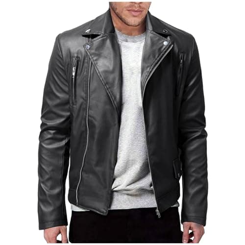 Image of Mens Motorcyle Faux Leather Jacket Slim Fit Zip-Up Lapel Bomber Jackets Stand Collar Windbreaker Lightweight PU Biker Coat Vintage Casual Trucker Jackets Streetwear Asymmetric Outerwear Walking S-5XL