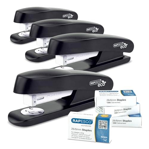 Image of Rapesco 1756 Business Pack: 4 ECO Half Strip Staplers and 4 Boxes of 1000 26/6mm Staples, 20 Sheet Capacity, Black