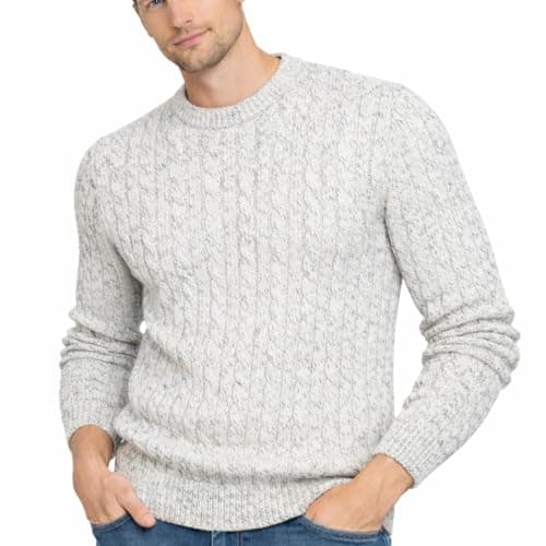 Image of Xact Mens Cable Knit Jumper – Cotton Rich Crew Neck Aran Knitwear Pullover, Textured Midweight Winter Sweater (Ecru) M