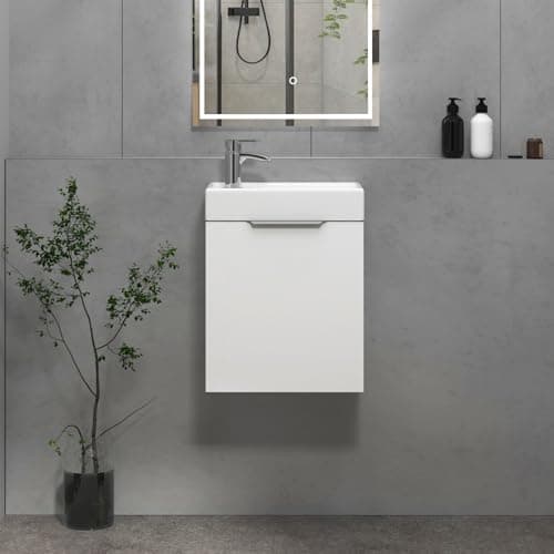 Image of Royal Bathrooms 400mm Wall Hung Bathroom Vanity Unit With Basin - Cloakroom Vanity Unit with 1 Tap Hole Ceramic Basin Soft Close 1-Door Storage Cabinet Basin Sink - Gloss White