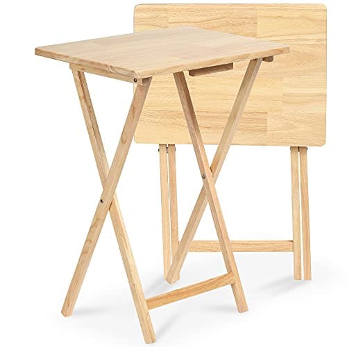 Image of PJ Wood Side Table 2 Set 100% Wood, TV Tray Table, Folding Tables, Snack Table, Coffee Table, Table for Small Space, Living Room, Wood Frame, Natural Color