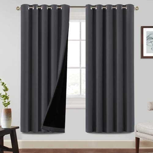 Image of BellaHills 100% Blackout Curtains for Bedroom Thermal Insulated Blackout Curtains Heat and Full Light Blocking Eyelet Curtains for Living Room with Black Liner 2 Panels, 66 x 72 Inch, Charcoal Grey