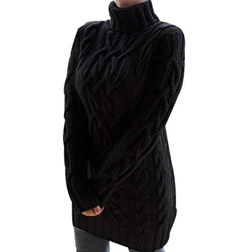 Image of Turtle Neck Long Jumpers Dresses For Women Oversized Cable Knit Jumper Dress Women Ladies Knitted Jumpers Womens High Neck Sweater For Women Pullover Sweaters Pullovers Thick Fitted Plain Black XL
