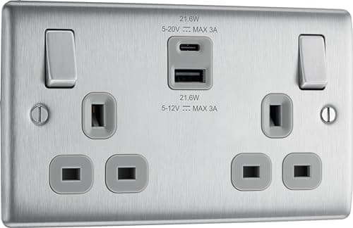 Image of BG Electrical 22W Double Switched Wall Plug Socket with Fast Charge Type A & C USB Charging Ports, Nexus Metal, Brushed Steel, Grey Inserts, 13A, NBS22UAC22G