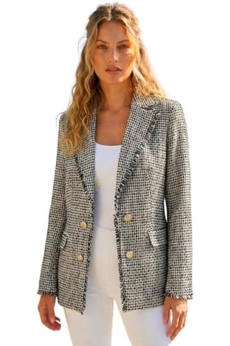 Image of Roman Boucle Blazer for Women UK Ladies Frayed Edge Tailored Longline Rever Collar Jacket Lapel Stretch Smart Office Work Party Night Going Out Lined Classic - Check Black - Size 16