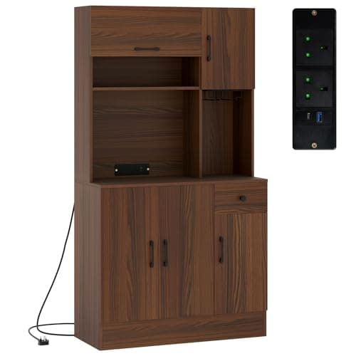 Image of COSTWAY Tall Kitchen Cupboard, Buffet Pantry Storage Cabinet with Built-in Charging Station, Stemware Rack & Adjustable Shelves, Freestanding Wooden Sideboard Organizer Unit, 90 x 40 x 167 cm (Walnut)