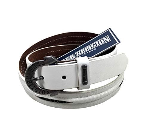 Image of Womens True Religion Jeans Leather Belt White Chain Hardware Logo Horseshoe Buckle