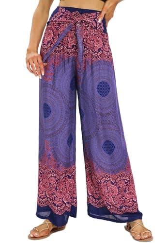 Image of Nuofengkudu Women Boho Wide Leg Trousers Smocked High Waisted Belted Summer Flowy Hippie Patterned Rayon Lightweight Petite Ladies Palazzo Lounge Pants Casual Holiday Beach Party One Size Blue B