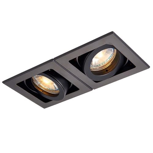 Image of National Lighting Xeno Matt Black Indoor Ceiling Lights - Mains Powered Twin Boxed Downlights - Recessed GU10 Spotlights - Adjustable Tilt GU10 LED Compatible Lamps