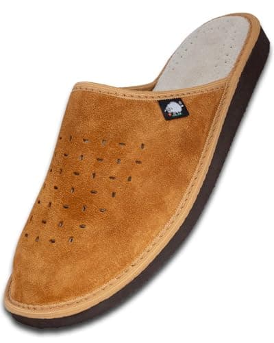 Image of FOOTHUGS Men's Slippers Memory Foam Plantar Fasciitis Orthotic Leather Mens Mule Slippers | Arch Support Slippers For Men | Regular Fit (10UK/44EU, Carmel)
