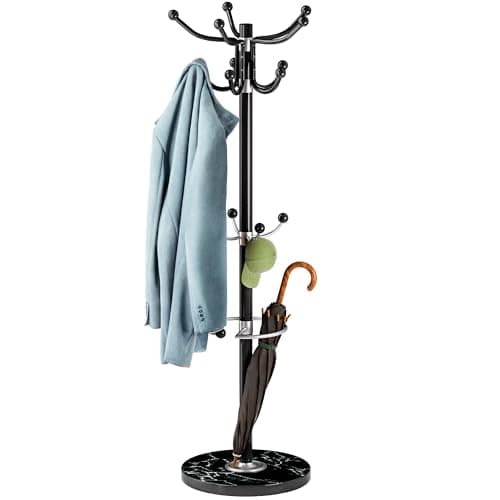 Image of CASARIA® Elegant Coat Rack Hat Stand with Marble Base Coat Stand and 14x Rotatable Coat Hangers | Sturdy & Stylish Clothes Rack for Hallways & Offices Furniture | Black | 175cm Tall