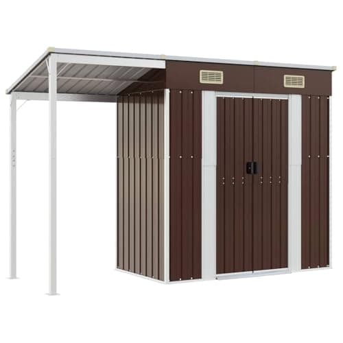 Image of vidaXL Garden Shed, Outdoor Storage Shed with Extended Roof, Tool Shed for Lawn Garage Yard, Metal Garden Storage Unit, Brown Steel