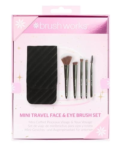 Image of Brushworks Mini Travel Face & Eye Brush Set – 5 Piece Makeup Brush Kit with Velvet Storage Pouch, Soft Synthetic Bristles, Vegan Brushes for Liquid, Cream & Powder
