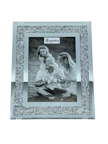Image of EagleWiz Crushed Jewel Mirror Glass Photo Frame - Elegant Silver Crystal Picture Frame for Photos and Art Room Decor Size 7" x 5" (18cm x 13cm)