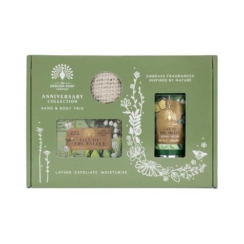 Image of The English Soap Company Anniversary Jasmine and Wild Strawberry Hand and Body Gift Set, Cruelty-Free Toiletries Trio (Gift Box, Lily of the Valley)