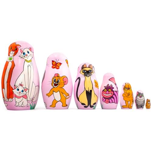 Image of AEVVV Cat Themed Nesting Dolls Set of 7 pcs - Handcrafted Russian Matryoshka Dolls - Wooden Décor for Home - Unique Feline Figurines for Cat Enthusiasts