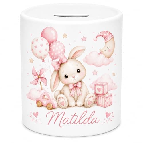 Image of Personalised Bunny Ceramic Money Box – Custom Baby Girl Coin Bank with Any Name – Cute Rabbit Piggy Bank for Girls, Babies & Toddlers – Nursery Savings Pot Keepsake Gift