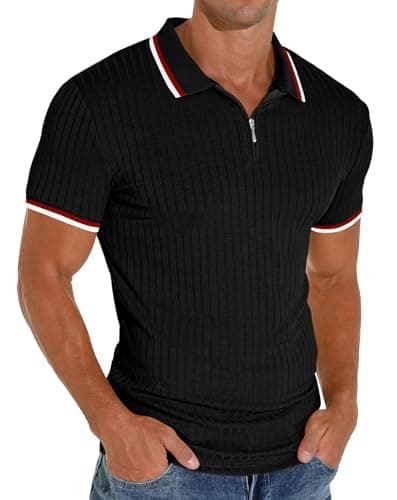 Image of PrinStory Polo Shirts For Men Adult Zip T Shirt Holidays Causal Slim Fit Golf Work Skin-Friendly Cozy Breathable Spring Summer Tops (Black ZS, L)