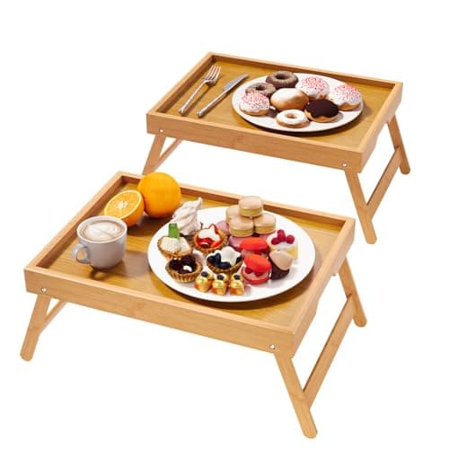Image of Fibogollo 2 Pack Bamboo Bed Tray Table with Folding Legs,Breakfast Trays,Serving Tray for Food and Snack,Laptop Trays for Working(Natural)