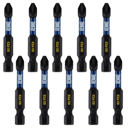 Image of 10 x Rennie Tools 50mm Long PZ2 Impact Screwdriver Driver Bits Set. Heavy Duty PoziDriv POZI No.2 Magnetic Screwdriver Bit Set. PZ2 Impact Driver Bits Pozidrive Screw Accessories. Black Oxide Coated