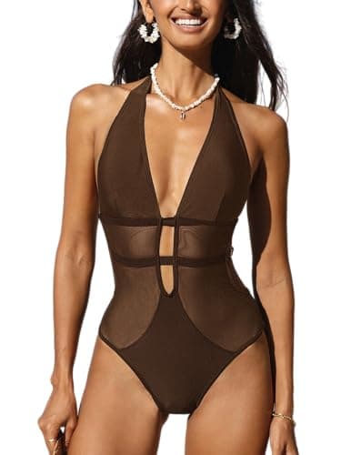 Image of CUPSHE Women's One Piece Swimsuit Swimming Costume Deep V Neck Halter Back Tie Mesh Swimwear Brown S