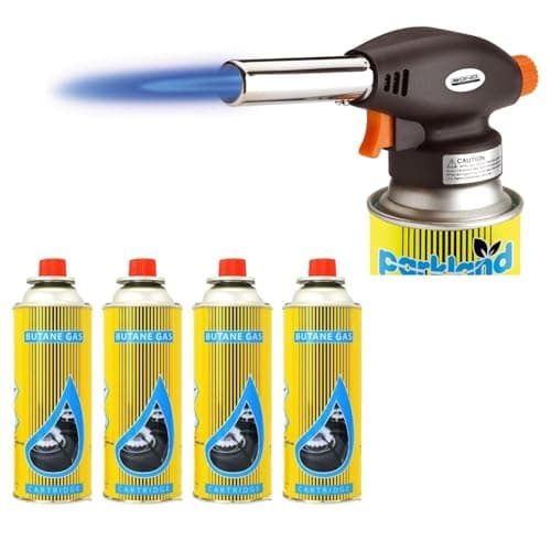 Image of Blow Torch with 4 Butane Gas Cans – Auto Ignition, Adjustable Flame, Kitchen Blow Torch with Heat Capacity of Upto 1300° C, Flamethrower Soldering Torch Lighter for Camping, Cooking, Kitchen & BBQ