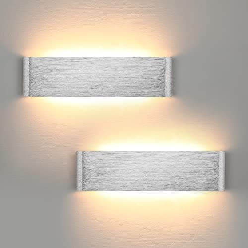 Image of Lightess 31cm LED Wall Light 2-Pack - Indoor Aluminum Up Down Lighting for Bedroom, Living Room, Modern Kitchen, Dining - Silver Sconce in Warm White