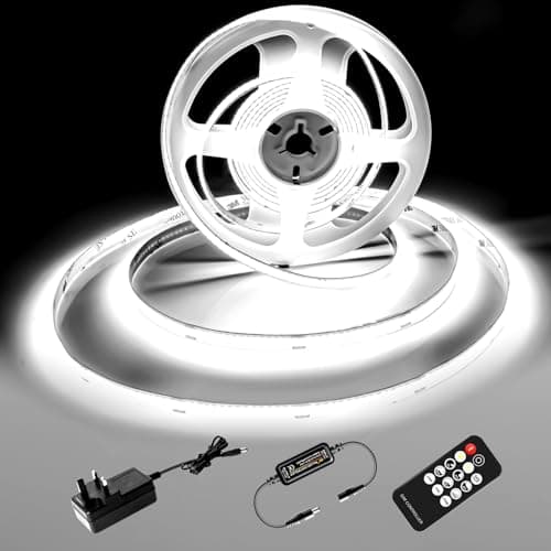 Image of luktix COB LED Strip 5M,6000K Cool White LED Strips, 24V Dimmable LED Strip Lights, CRI92+,8mm Width, with Remote Control and UKCA Power Supply,for Home Decoration, Kitchen, Mirror