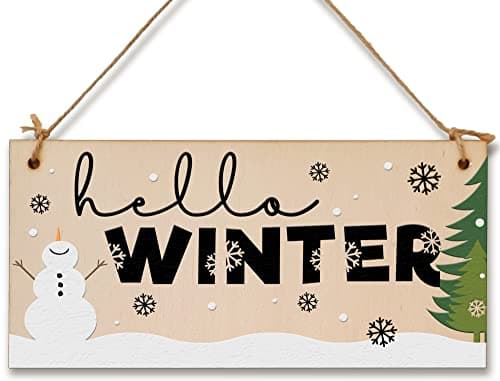 Image of hello winter Decorative Christmas Sign Seasonal Snowy Scene Handmade Wooden Hanging Wall Plaque Gift