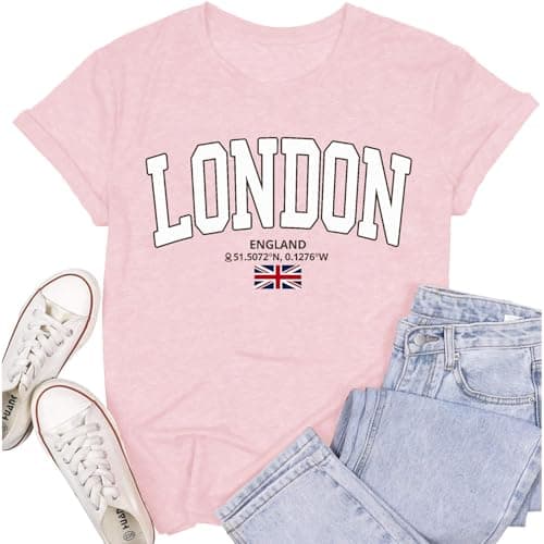 Image of Cutesong Womens London England Shirt London Shirts United Tee Tops for Ladys Union Jack Flag Souvenir Printed T-Shirt Tops Pink
