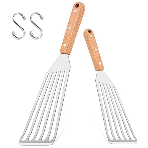 Image of HaWare Slotted Spatula, Stainless Steel Fish Spatula with Solid Wooden Handle, Metal Flexible Slotted Turner for Cooking/Frying/Grilling, Include S Hooks, Dishwasher Safe (2 Pcs, 27cm & 31.5cm)