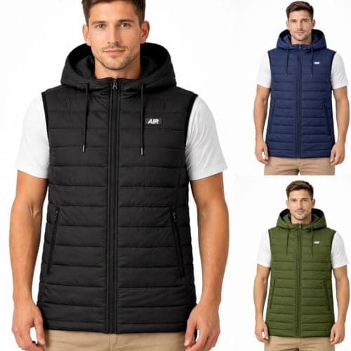 Image of AIR Men's Hooded Puffer Gilet, Sleeveless Zip Up Body Warmer Jacket, Black, Navy, Olive UK (S TO XL) (UK, Alpha, S, XL, Regular, Regular, S, Black)