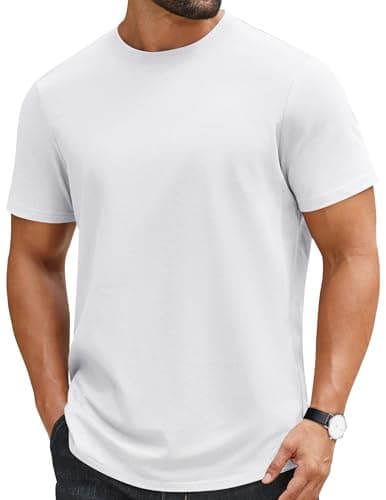 Image of COOFANDY Men's T Shirt 100% Cotton Heavyweight Short Sleeve Crew Neck Tee Basic Plain Tops Regular Fit White L