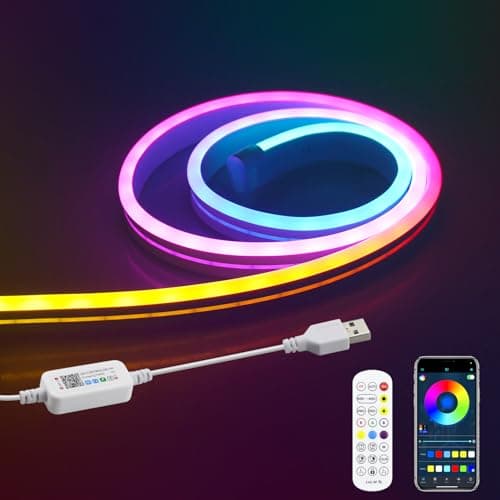 Image of Aclorol 1M 5V Neon LED Strip RGB+IC Smart LED Strip Lights for Bedroom Music Sync Color Changing IP65 Wateroof Neon Rope Light Flexible USB Powered for Gaming Living Room Cabinet Party Home DIY Decor