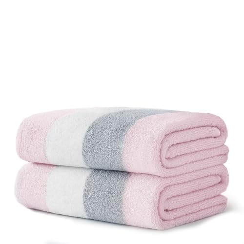 Image of Velosso 2 Pack 100% Cotton Striped Multi Supreme Cotton Towels Hand Bath or Sheet, Quick-Dry, Soft Absorbent, Striped Design Hotel Spa, Fade Resistant Towels (Pink, Hand)