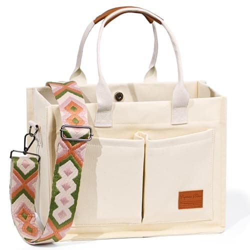 Image of Captain Blues Canvas Tote Bags for Women, Multi-Pocket Tote Bag with Compartments, Large Capacity Shoulder Bag for Work, School (Beige)