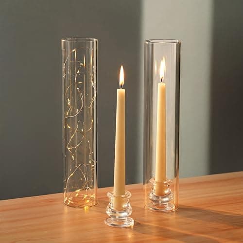 Image of NUPTIO Taper Candle Holders Glass: Set of 2 Clear Hurricane Candlestick Holder 30cm Tall - Tapered Candles Stick Stand with Windproof Cylinder Cover for Fireplace Dining Room Decor