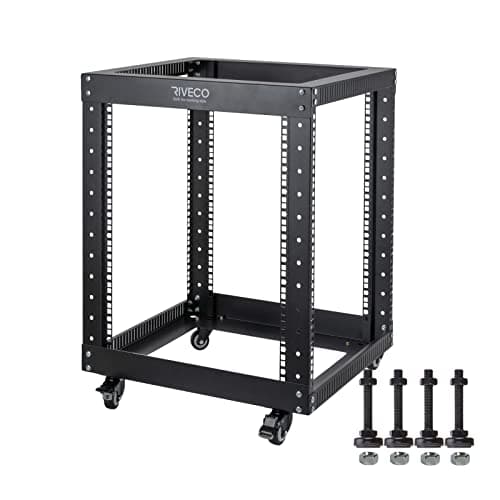 Image of 12U Server Rack Open Frame with Casters-RIVECO 4 Post Quick Assembly 19-inch, Data Rack Network Shelf Cabinet Heavy Duty Black