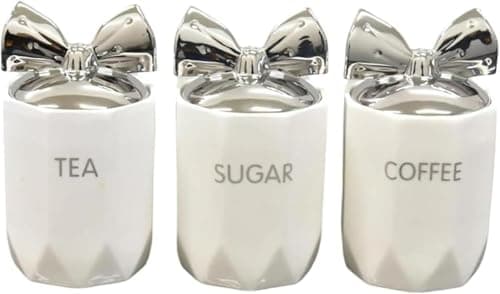 Image of JAYOGLA Marble Effect Ceramic Kitchen Canisters, Set of 3, Tea Coffee Sugar Storage Jars, Silver Bow Lid (White)